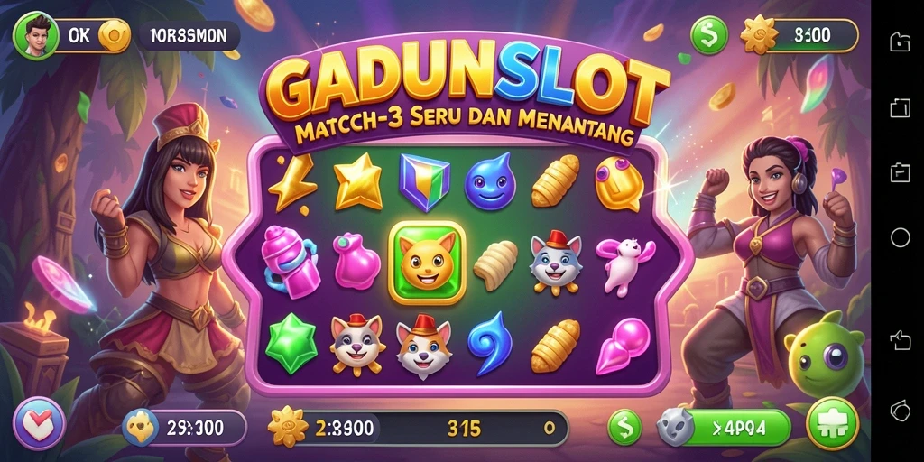 Tampilan gameplay seru dari GADUNSLOT di dunia Match-3.